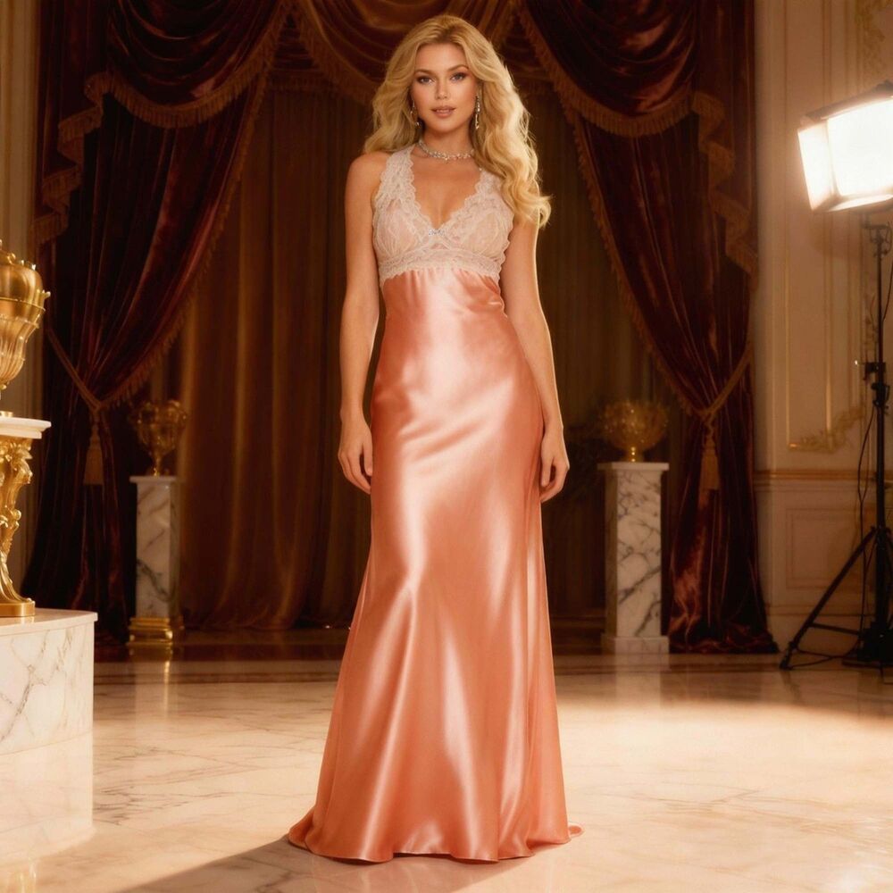 Plus Size Lace Charmeuse Halter Gown Peach Womens 2X Coral  Nightgown Lingerie